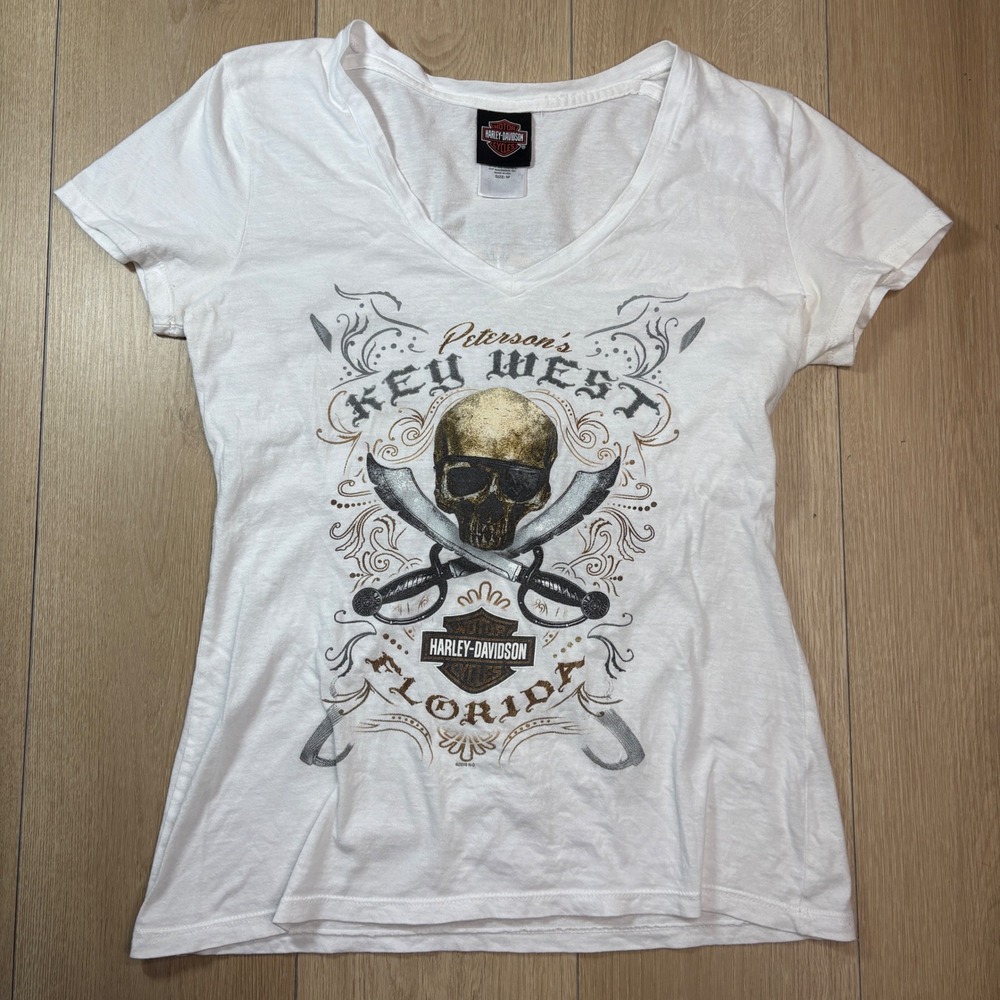 Harley-Davidson Key West Florida Pirate Skull V-Neck Graphic T-Shirt Medium
